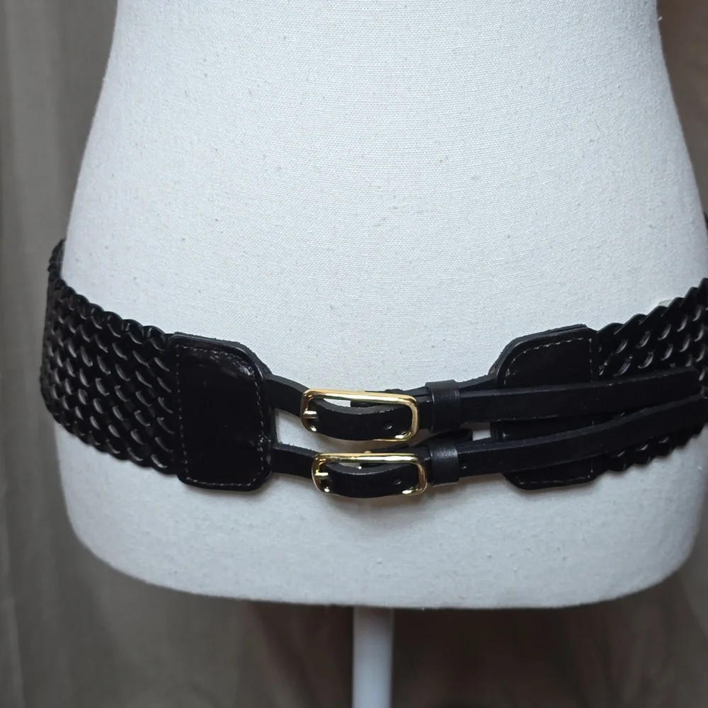 Talbots Black Braided Belt with Gold Buckles